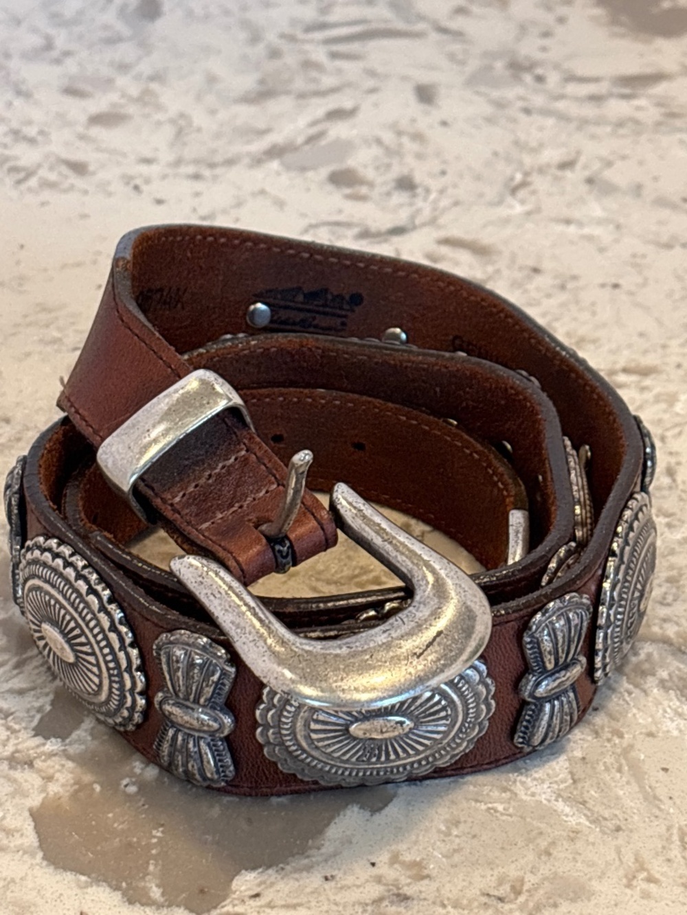 Women’s Vintage Leather Western Concho Silver Tone Belt Eddie Bauer Sz Lg